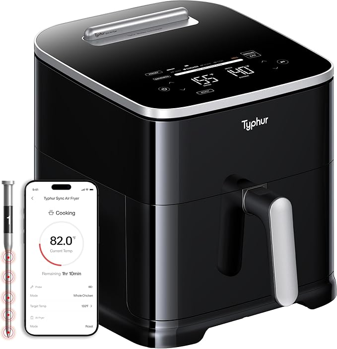 Typhur Sync 8QT, Fritoză inteligentă cu aer cald cu tehnologie AI, termometru wireless de carne încorporat, Fritoză XL 9-în-1, ceramică non-toxică, max 232°C,