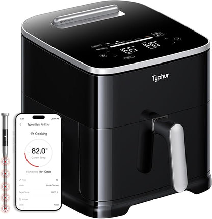 Typhur Sync 8QT, Fritoză inteligentă cu aer cald cu tehnologie AI, termometru wireless de carne încorporat, Fritoză XL 9-în-1, ceramică non-toxică, max 232°C,