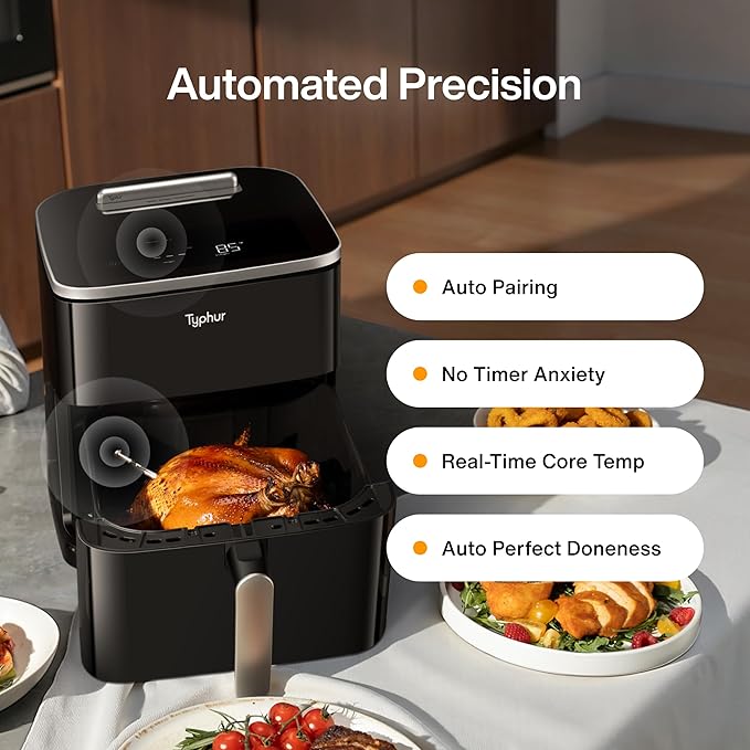 Typhur Sync 8QT, Fritoză inteligentă cu aer cald cu tehnologie AI, termometru wireless de carne încorporat, Fritoză XL 9-în-1, ceramică non-toxică, max 232°C,